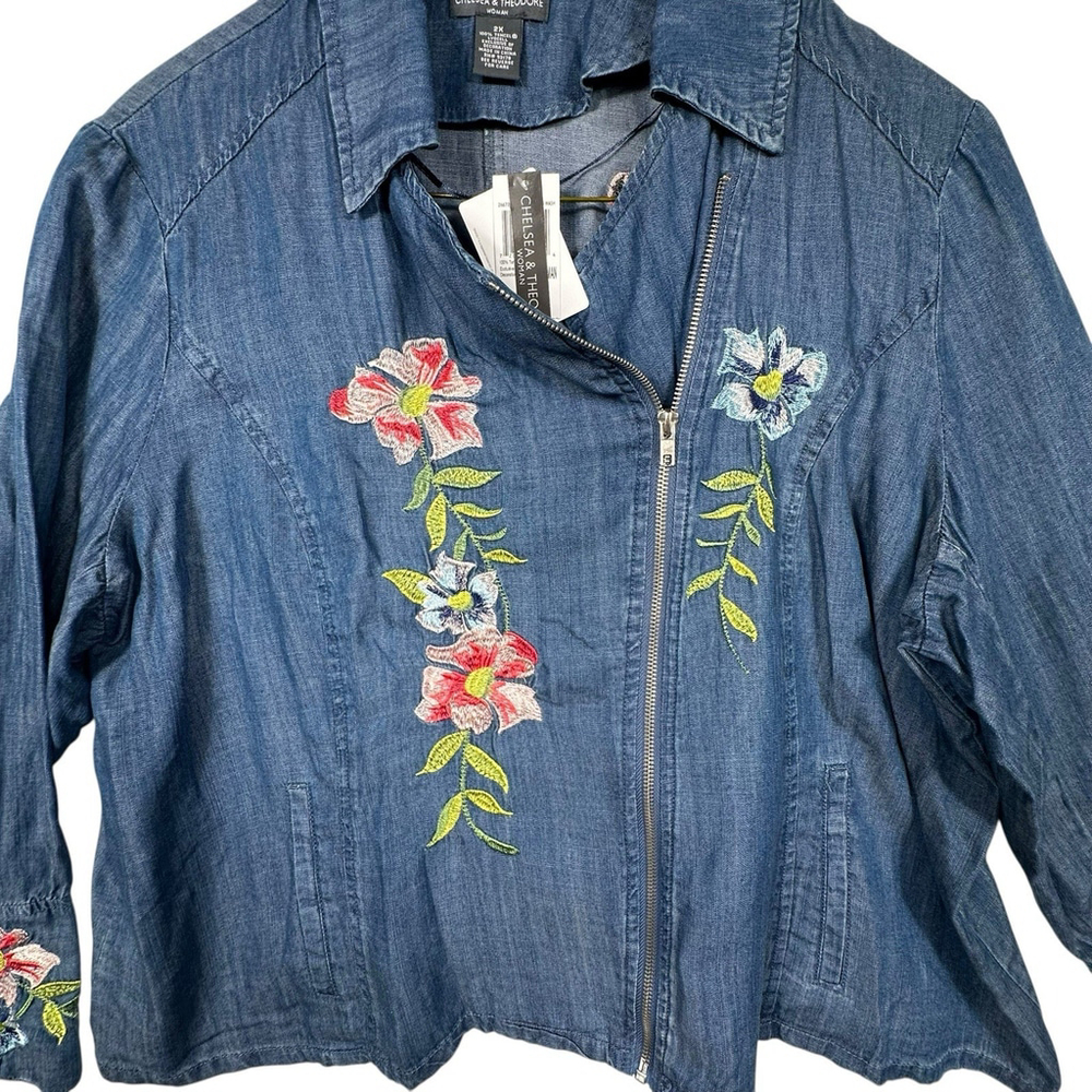 Chelsea & Theodore Denim Zip up Floral Embroided Jacket Size 2XL - Picture 3 of 12